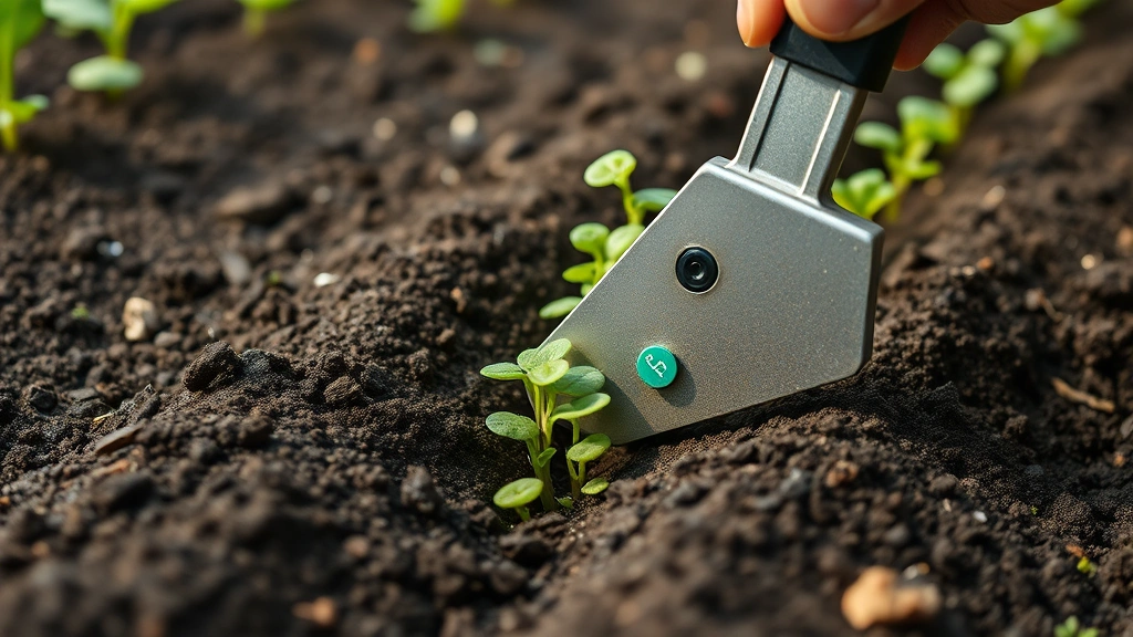 Close-up of precision seeder planting vegetable seeds in prepared garden row with dark soil and clear furrow