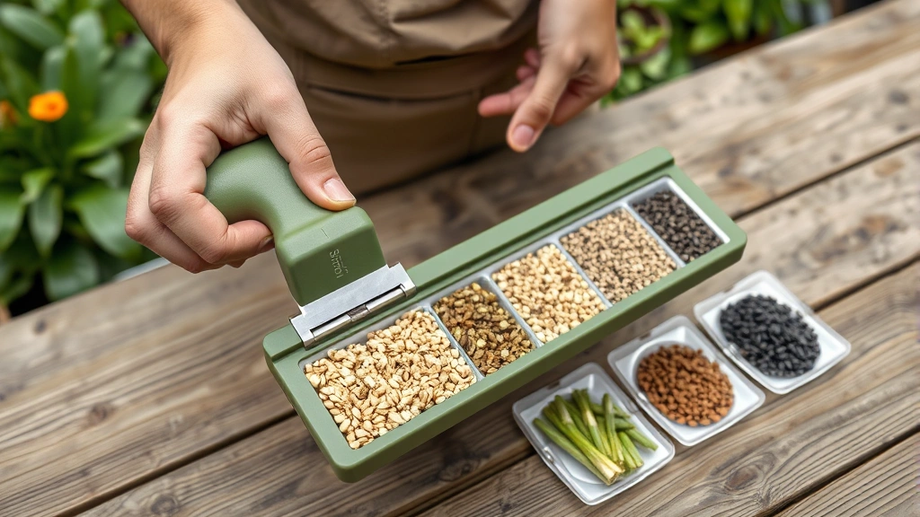 Gardener holding hand-held seeder with various seed types arranged on wooden garden table, showing seed variety and seeder design