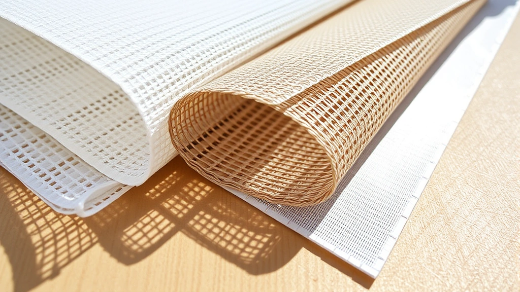 Close-up of various shade cloth samples showing knitted polyethylene texture, woven material weave pattern, and reflective aluminum threads catching sunlight, displayed flat on wooden surface with clear material differences visible