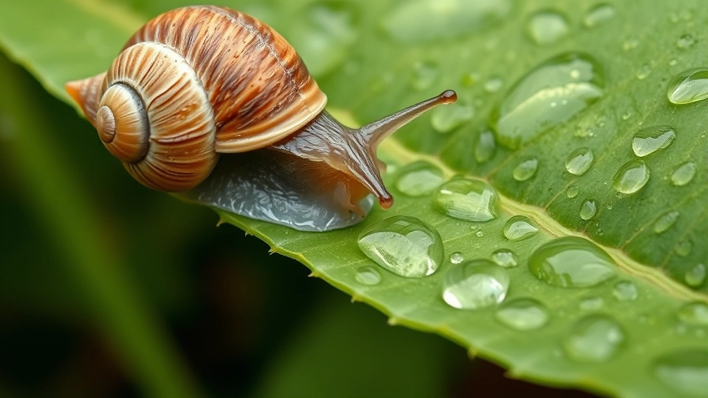 Close-up of garden snail with silvery mucus trail on wet green leaf during morning dew, showing characteristic rasping damage pattern on foliage