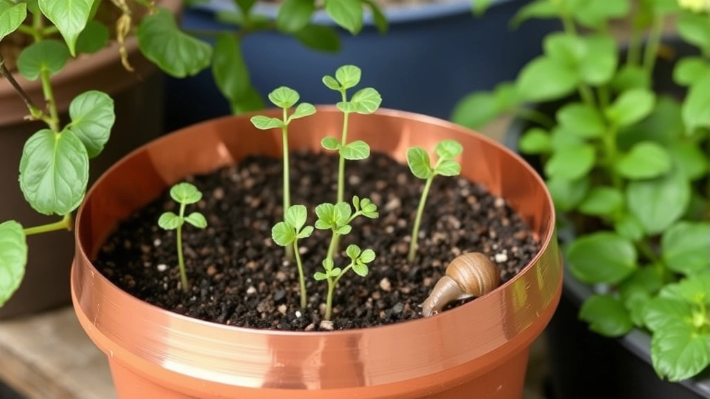 Copper tape barrier installed around terracotta garden pot with young seedlings, showing snail deterrent setup in container gardening