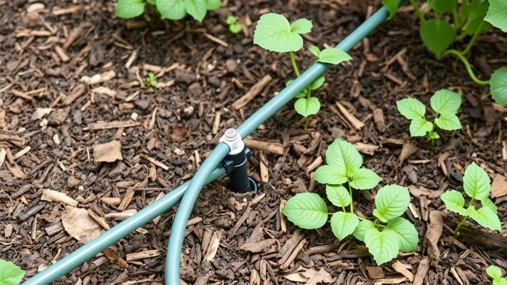 Drip irrigation soaker hose system in vegetable garden bed with mulch and plants, demonstrating moisture control technique for snail management