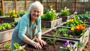 Elderly woman tending raised garden beds in community garden with spring vegetables and flowers, natural daylight, smiling, hands in soil
