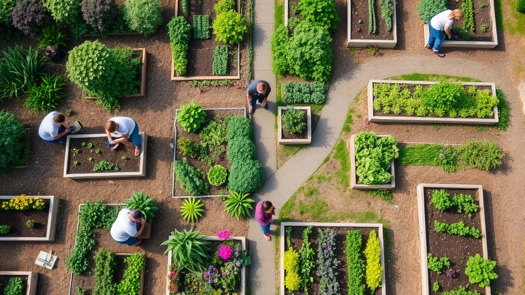 Overhead view of vibrant community garden with multiple raised beds, residents working together, perennials blooming, pathways between plots