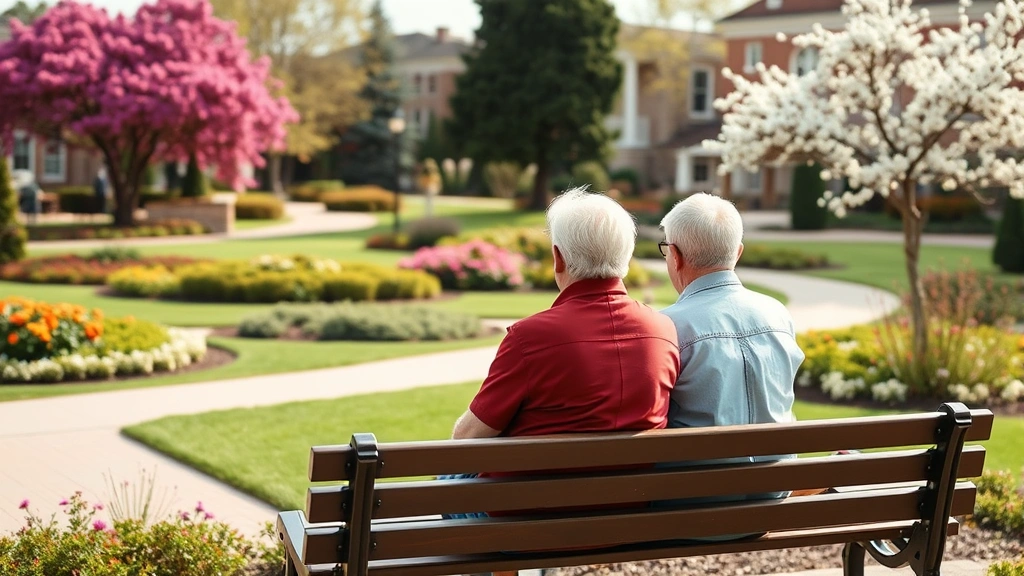 Senior couple sitting on bench overlooking manicured gardens with blooming shrubs and flowering trees, peaceful campus landscape