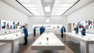 Modern Apple retail store interior with illuminated product displays, blue-shirted staff assisting customers, and sleek white tables showcasing iPhones and iPads in a bright, minimalist shopping environment