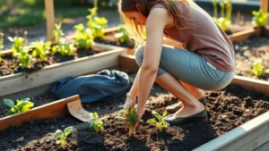 Woman gardener in proper squatting posture while planting seedlings in raised bed, demonstrating correct body mechanics with straight back and bent knees, morning sunlight on garden bed with soil and young plants