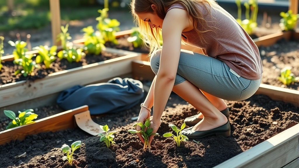 Woman gardener in proper squatting posture while planting seedlings in raised bed, demonstrating correct body mechanics with straight back and bent knees, morning sunlight on garden bed with soil and young plants