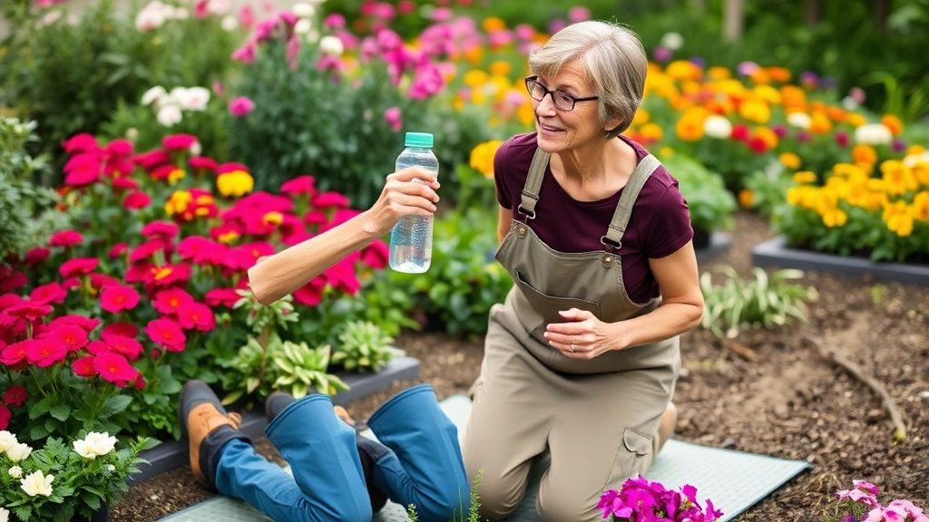 Mature woman gardener taking hydration break, holding water bottle while kneeling on garden pad beside flowering perennial beds, colorful blooms in background, demonstrating proper pacing and self-care during gardening