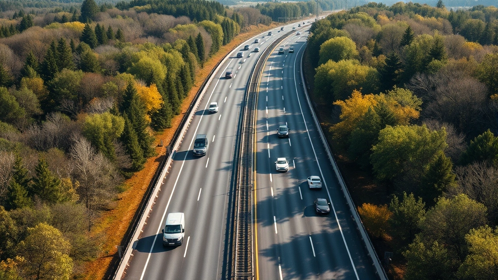 Aerial view of a multi-lane highway with moderate traffic flow during daylight, showing tree-lined landscape on both sides, realistic highway infrastructure with clear lane markings and vehicles spread across lanes in natural lighting conditions
