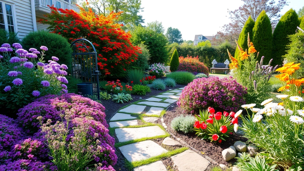 Wide landscape view of a residential New Jersey garden with mixed perennials and shrubs in bloom, featuring natural stone pathway, flowering plants in various heights and colors, afternoon sunlight creating natural shadows and depth