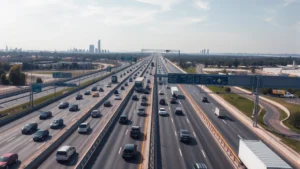 Aerial view of a busy multi-lane highway with congested traffic during daytime, showing multiple vehicles on an interstate highway with clear lane markings