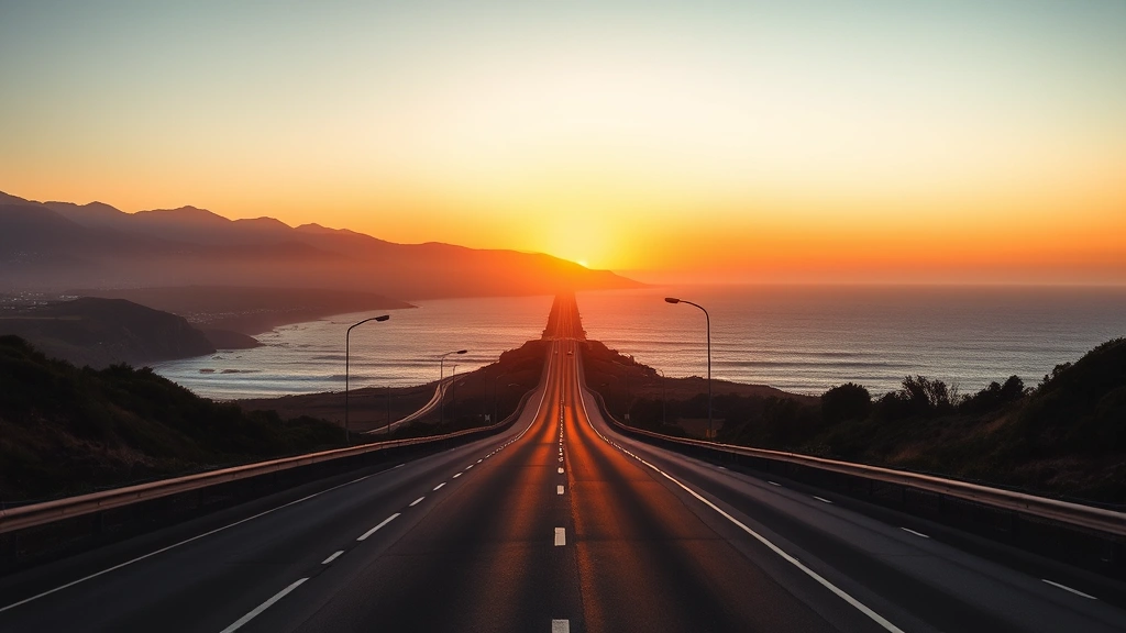 Early morning sunrise over a coastal road leading toward the ocean, with minimal traffic and golden light illuminating the empty highway stretching toward the horizon