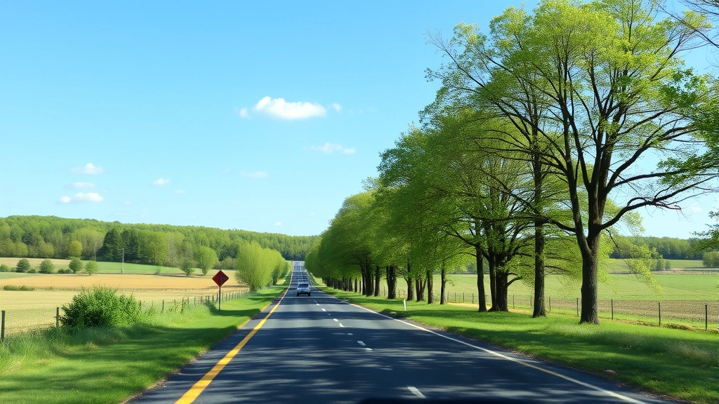 Scenic alternative route through rural New Jersey countryside with green trees and fields alongside a quiet two-lane road with clear skies and minimal vehicles