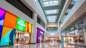 Colorful storefront displays with bright retail signage and modern shopping mall interior architecture featuring clean lines and contemporary design elements