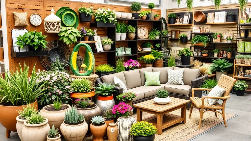 Organized home and garden product display showing planters, outdoor furniture, decorative items, and landscaping supplies arranged attractively in retail setting