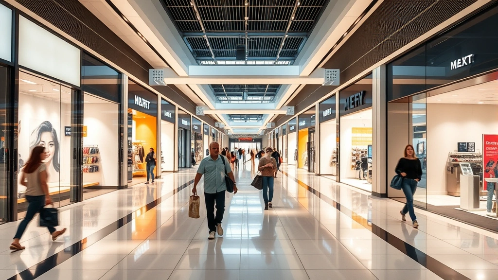 Modern shopping mall corridor with shoppers walking past illuminated storefronts, featuring natural lighting, polished floors, and contemporary retail design aesthetic