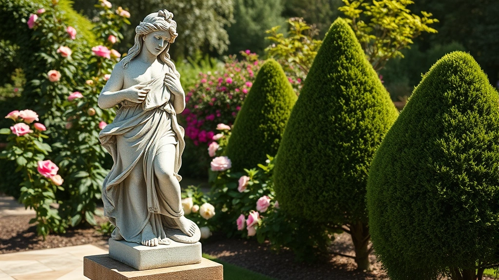 Ornate stone garden statue of a classical figure positioned in a lush garden surrounded by flowering roses, hostas, and manicured boxwoods, morning sunlight creating shadows on weathered limestone surface