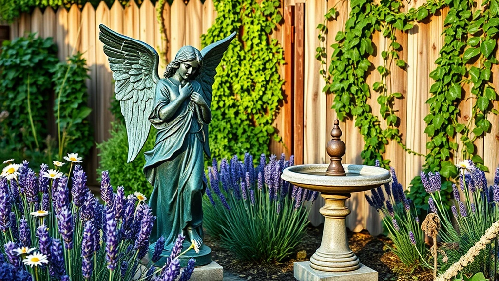 Bronze angel statue with green patina standing in a cottage garden near a birdbath, surrounded by lavender plants, daisies, and climbing ivy on a rustic fence, afternoon light