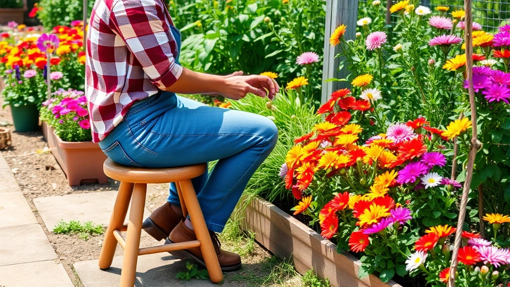Gardener sitting on a three-legged wooden garden stool while tending to vibrant flower beds with colorful blooms surrounding the workspace, natural daylight illuminating the scene