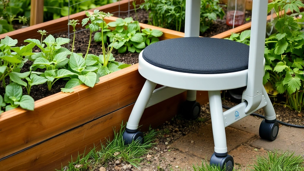 Close-up of a padded wheeled garden stool with locked wheels positioned next to a raised garden bed filled with growing vegetables and herbs, showing ergonomic seat design