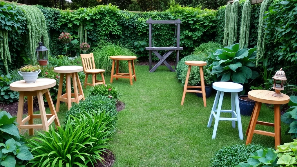 Wide garden view featuring multiple garden stools of different styles arranged strategically among lush plants, demonstrating how various stool types integrate into different garden areas