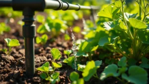 Close-up of drip irrigation emitters delivering water directly to soil around thriving vegetable plants, morning sunlight, no text or labels visible