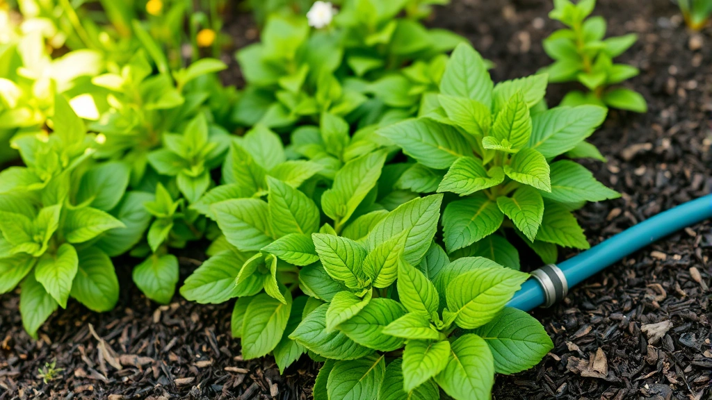 Lush green garden bed with soaker hose partially visible under thick mulch layer, healthy plants with vibrant foliage, natural daylight