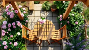 Overhead view of a teak wood bistro table set for two in a lush cottage garden surrounded by blooming roses and lavender plants, dappled sunlight filtering through pergola