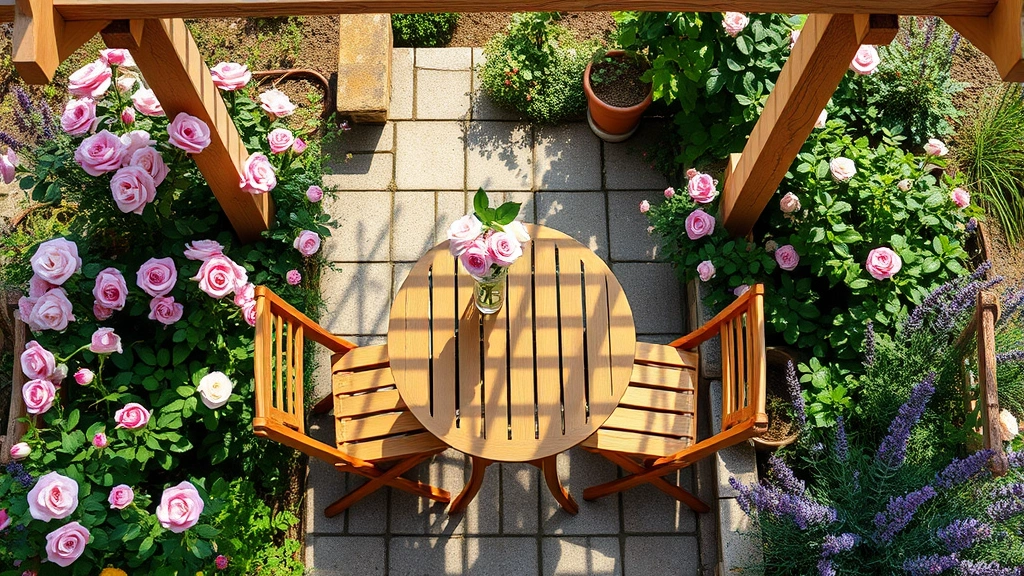 Overhead view of a teak wood bistro table set for two in a lush cottage garden surrounded by blooming roses and lavender plants, dappled sunlight filtering through pergola