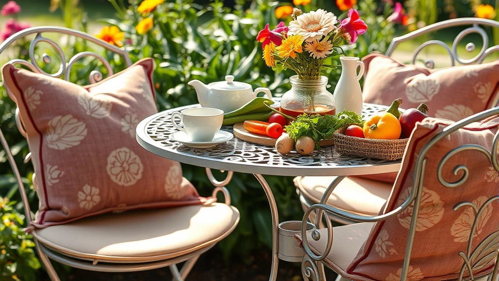 Close-up detail of cushioned aluminum garden chairs with round bistro table laden with fresh tea service, garden vegetables, and cut flowers in natural afternoon light