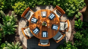 Overhead view of a circular teak dining table set with six comfortable chairs arranged around it, surrounded by lush green garden plantings and flowering shrubs, dappled sunlight filtering through tree canopy above, elegant place settings visible on the table surface