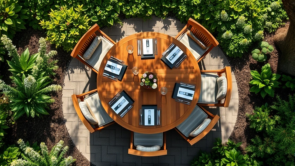 Overhead view of a circular teak dining table set with six comfortable chairs arranged around it, surrounded by lush green garden plantings and flowering shrubs, dappled sunlight filtering through tree canopy above, elegant place settings visible on the table surface