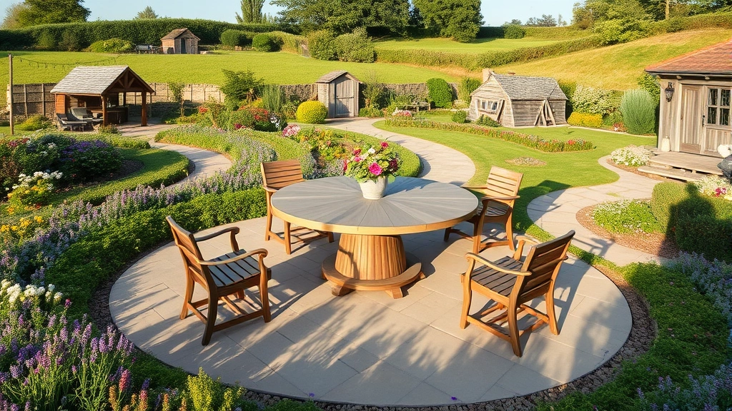 Wide landscape shot of a round garden dining set as the central focal point in a cottage garden setting, with curved pathways, mixed perennial borders, and rustic garden structures visible in the background, soft afternoon lighting creating shadows across the seating area