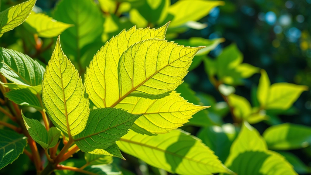 Close-up of vibrant green Takamine-ke Nirinka foliage with detailed leaf texture and natural garden background, morning sunlight filtering through leaves, photorealistic high-quality image