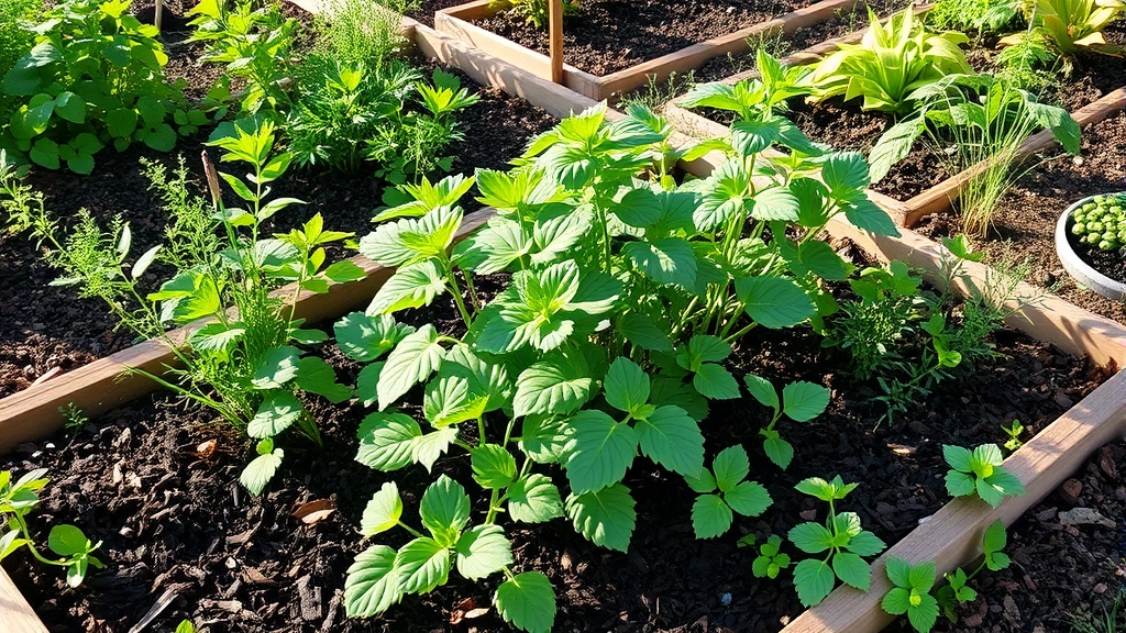 Healthy established Takamine-ke Nirinka plants growing in raised garden beds with rich dark soil, surrounded by mulch and companion herbs, full plant view in afternoon light