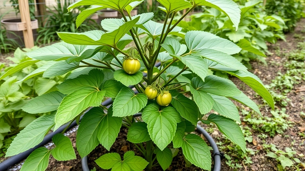 Mature Takamine-ke Nirinka plant at harvest stage showing productive growth, lush foliage, and garden setting with irrigation drip lines visible, professional garden photography style