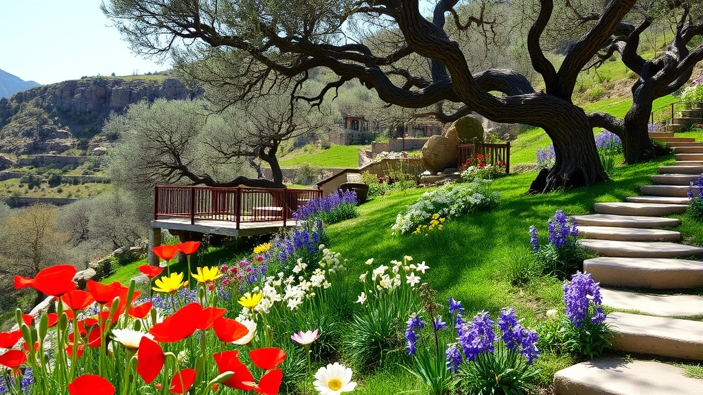 Terraced Mediterranean garden with spring wildflowers blooming—red poppies, white anemones, purple hyacinths—ancient gnarled olive trees providing dappled shade over winding stone pathways, rocky hillside in background