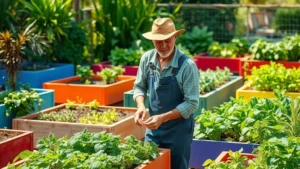 Gardener in colorful raised beds surrounded by growing vegetables and herbs, natural sunlight, lush green foliage, realistic detail