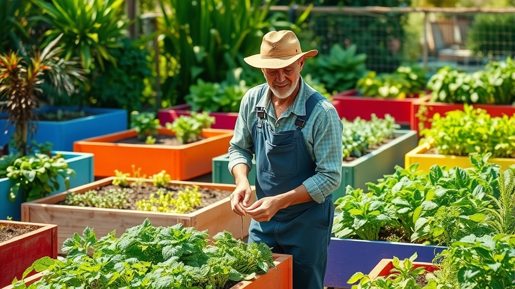 Gardener in colorful raised beds surrounded by growing vegetables and herbs, natural sunlight, lush green foliage, realistic detail