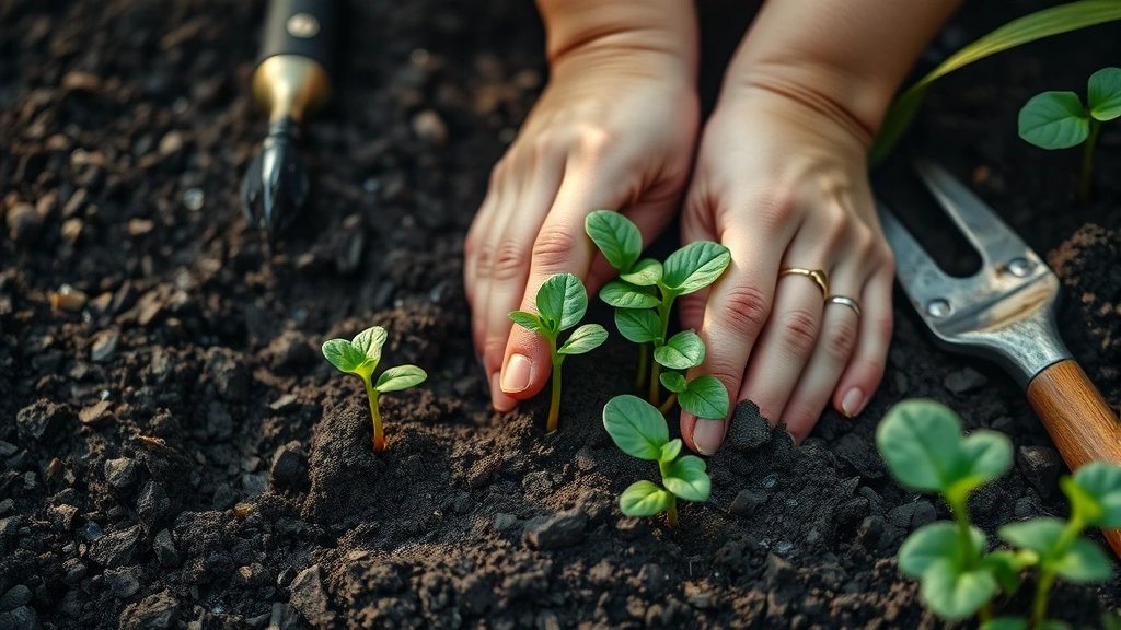 Close-up of hands planting seedlings in rich dark soil, morning light, water droplets visible, garden tools nearby, photorealistic