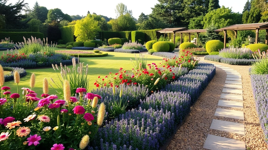 Wide garden landscape view with mixed borders of flowering plants, pathways, natural garden design, professional garden setting, afternoon light