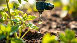Close-up of drip irrigation emitter delivering water droplet to soil near tomato seedling in garden bed, morning sunlight