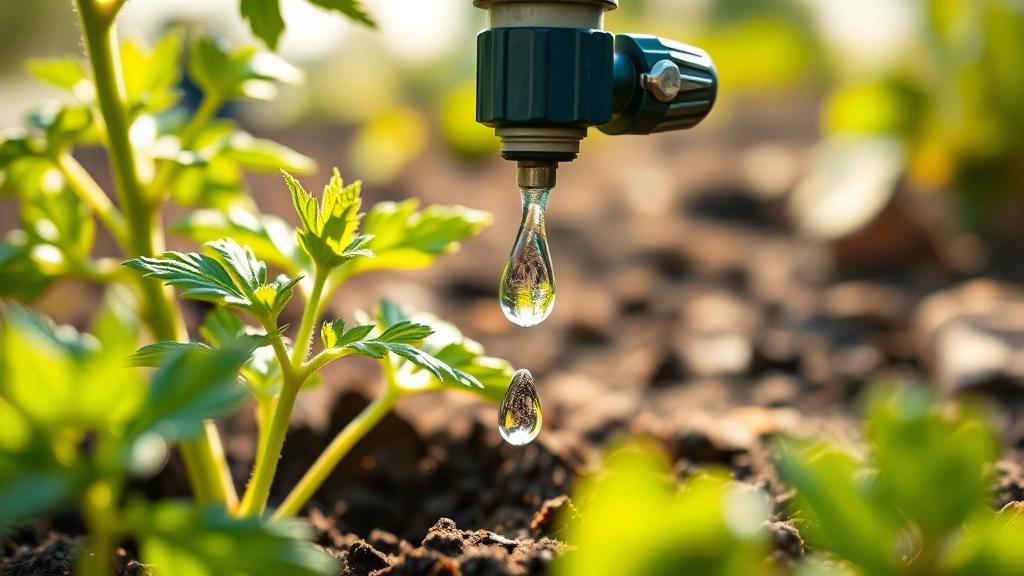 Close-up of drip irrigation emitter delivering water droplet to soil near tomato seedling in garden bed, morning sunlight