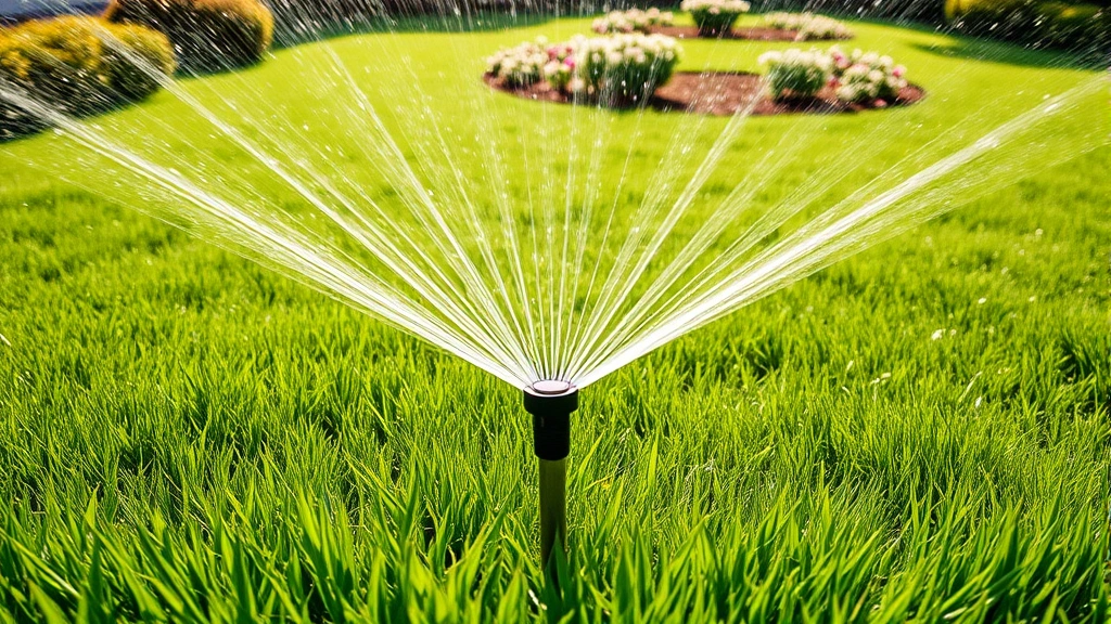 Above view of sprinkler system spraying water across lush green lawn with flower beds in background, sunny afternoon