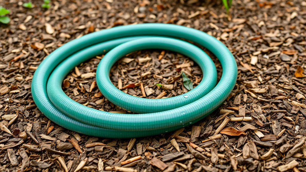 Soaker hose coiled through vegetable garden row with mulch covering, water droplets visible along tubing length