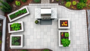 Overhead view of a modern patio with built-in grill station surrounded by raised beds of fresh herbs and vegetables, clean pavers, Mediterranean style landscaping with rosemary and basil plants