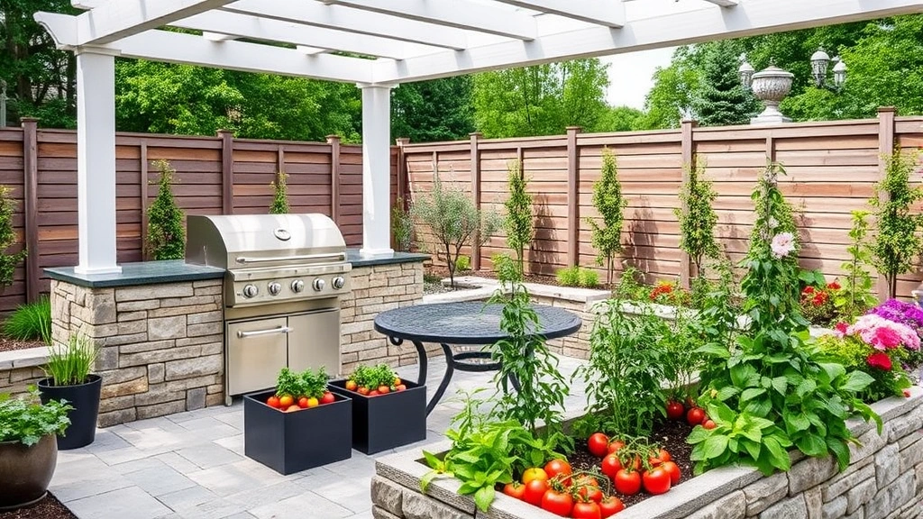 Contemporary garden design featuring a sleek grill area adjacent to container gardens with tomatoes, peppers, and flowering herbs on a stone patio with pergola overhead