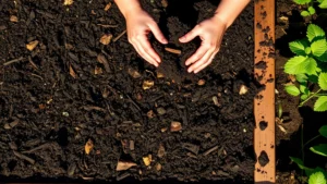 Overhead view of hands preparing dark, rich garden soil with compost and organic matter in a raised wooden garden bed on a sunny morning