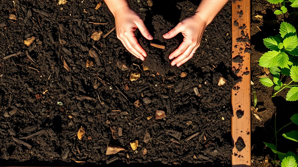 Overhead view of hands preparing dark, rich garden soil with compost and organic matter in a raised wooden garden bed on a sunny morning